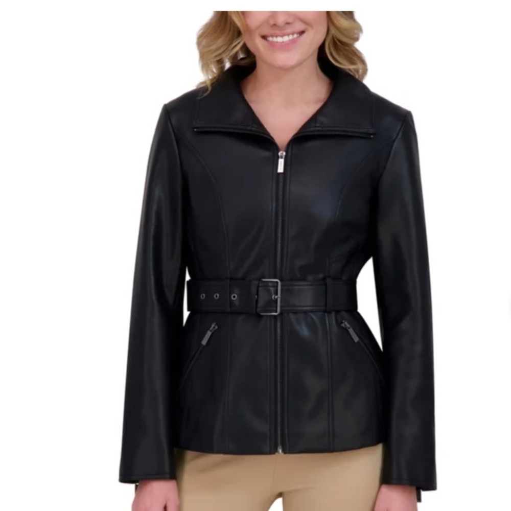 Kenneth Cole Women's Black Leather Belted Jacket